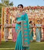 art silk wedding wear saree in blue with embroidery work & crystal stone work