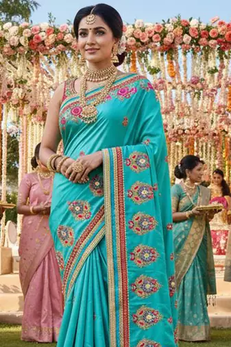 art silk wedding wear saree in blue with embroidery work & crystal stone work