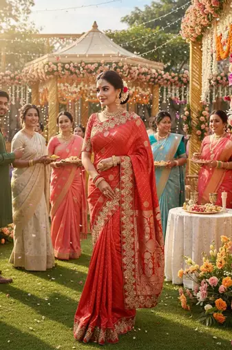 banarasi art silk party wear saree in red with embroidery work 