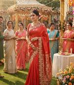 banarasi art silk party wear saree in red with embroidery work 