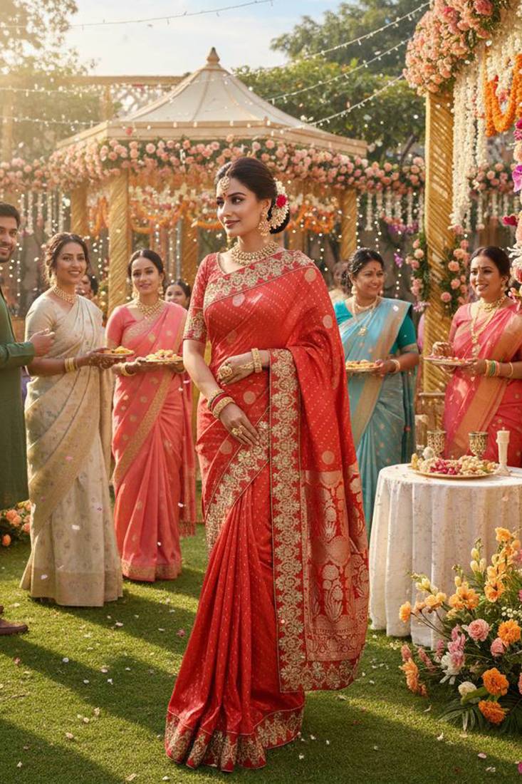 banarasi art silk party wear saree in red with embroidery work 