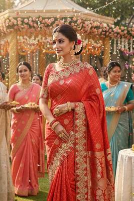 banarasi art silk party wear saree in red with embroidery work  2