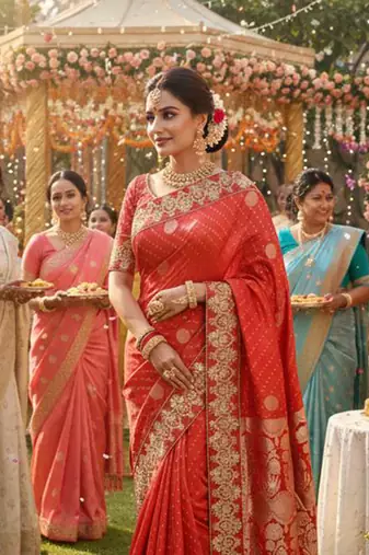 banarasi art silk party wear saree in red with embroidery work 