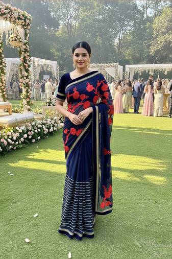 georgette wedding wear saree in blue with embroidery work & crystal stone work