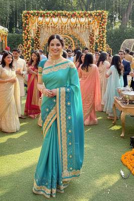 art silk wedding wear saree in green with embroidery work & crystal stone work 1