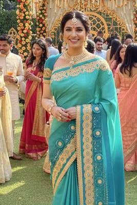 art silk wedding wear saree in green with embroidery work & crystal stone work 2