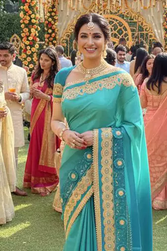 art silk wedding wear saree in green with embroidery work & crystal stone work
