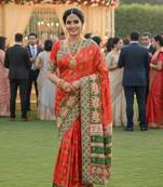 banarasi silk party wear saree in red with embroidery work & crystal stone work 