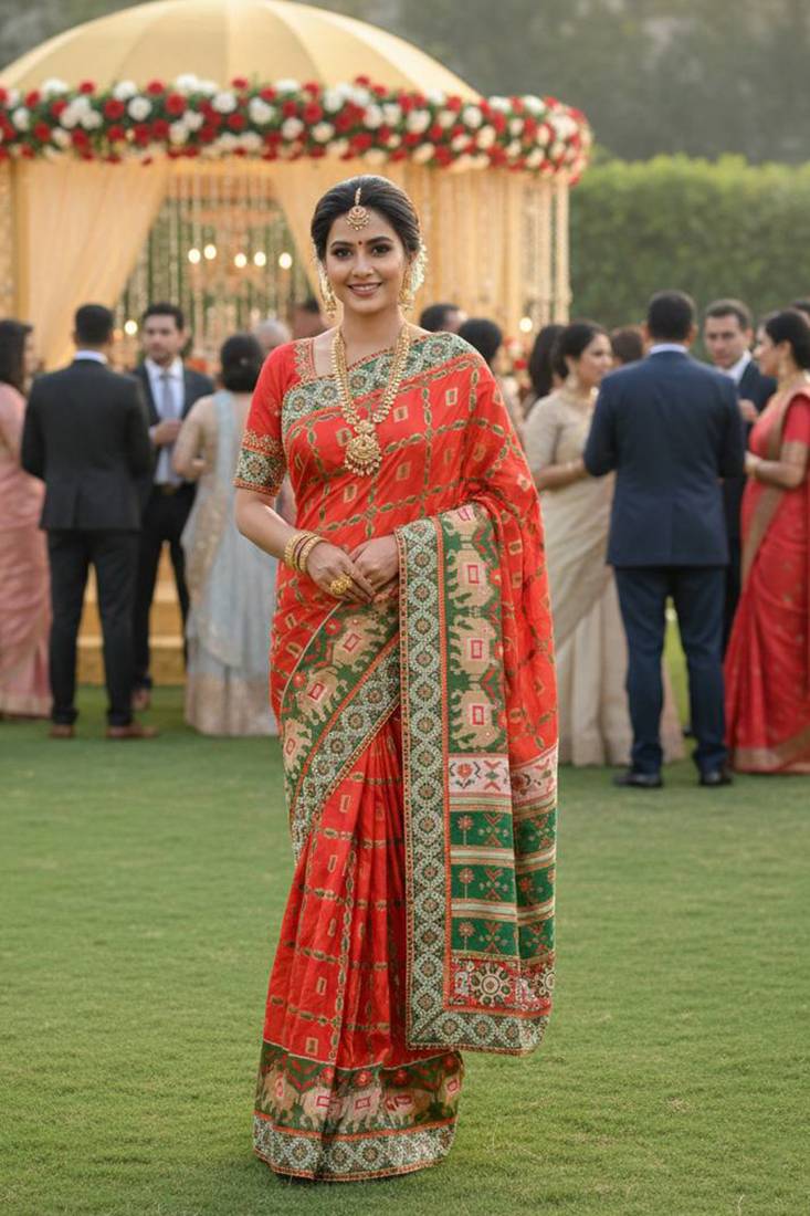 banarasi silk party wear saree in red with embroidery work & crystal stone work 