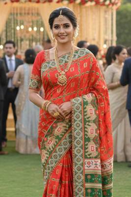 banarasi silk party wear saree in red with embroidery work & crystal stone work  2