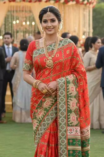banarasi silk party wear saree in red with embroidery work & crystal stone work 