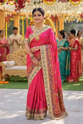 silk wedding wear saree in pink with embroidery work & crystal stone work 1