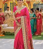 silk wedding wear saree in pink with embroidery work & crystal stone work