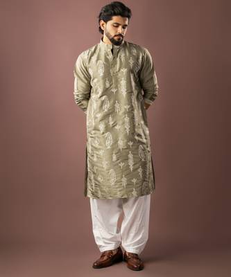 Olive green color smart embroidered kurta for men's ceremonial looks 1