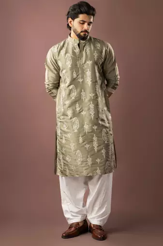 Olive green color smart embroidered kurta for men's ceremonial looks
