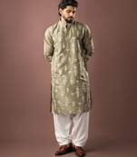 Olive green color smart embroidered kurta for men's ceremonial looks