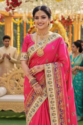 silk wedding wear saree in pink with embroidery work & crystal stone work 2