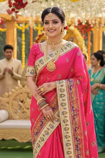 silk wedding wear saree in pink with embroidery work & crystal stone work