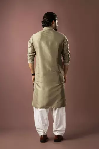 Olive green color smart embroidered kurta for men's ceremonial looks