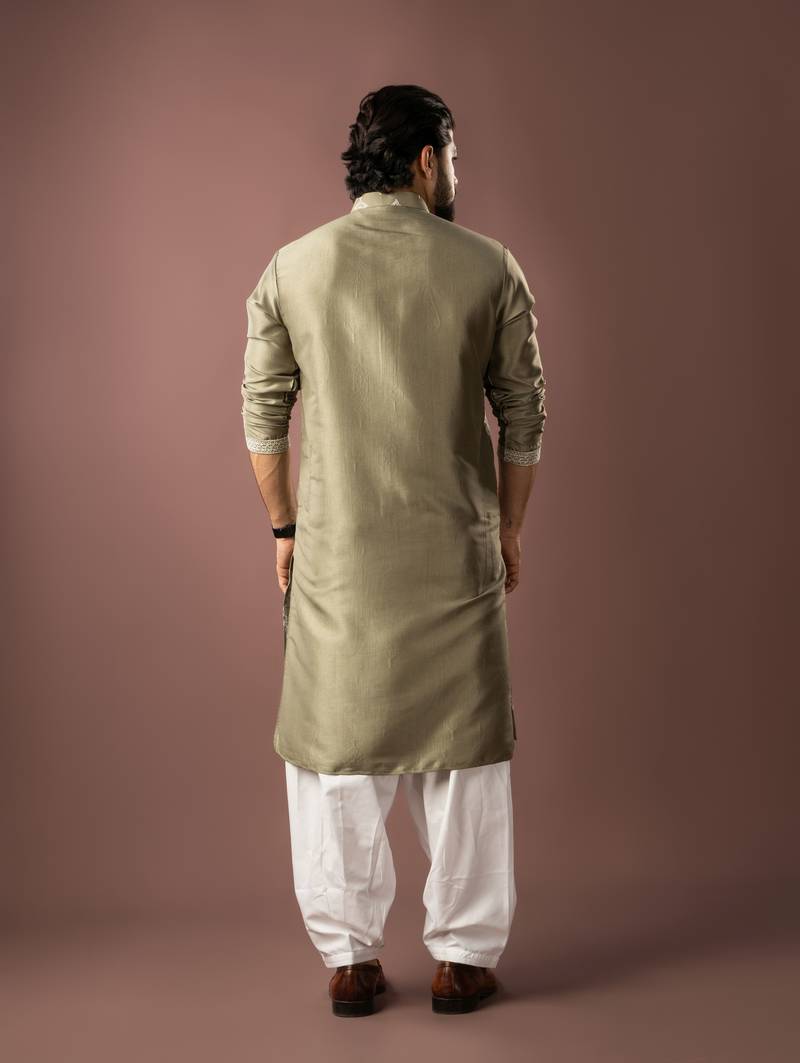 Olive green color smart embroidered kurta for men's ceremonial looks