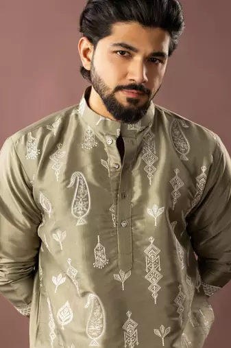 Olive green color smart embroidered kurta for men's ceremonial looks