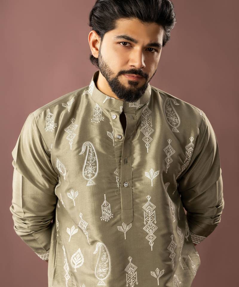 Olive green color smart embroidered kurta for men's ceremonial looks