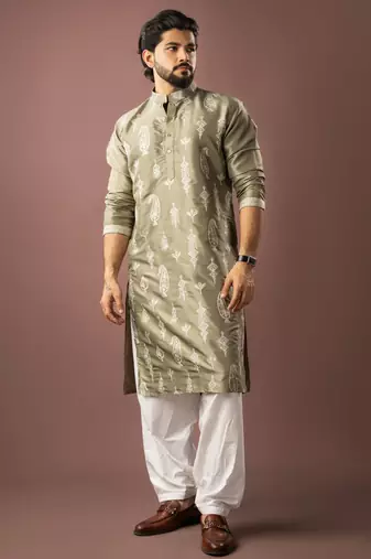 Olive green color smart embroidered kurta for men's ceremonial looks