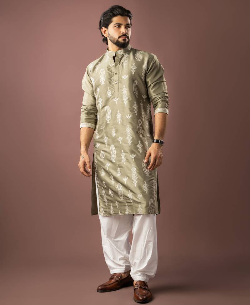 Olive green color smart embroidered kurta for men's ceremonial looks