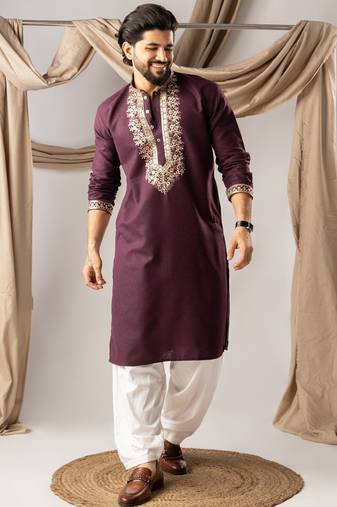 Wine color smart embroidered kurta for rich classy men's looks