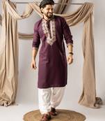 Wine color smart embroidered kurta for rich classy men's looks