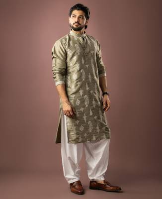 Olive green color smart embroidered kurta for men's ceremonial looks 5