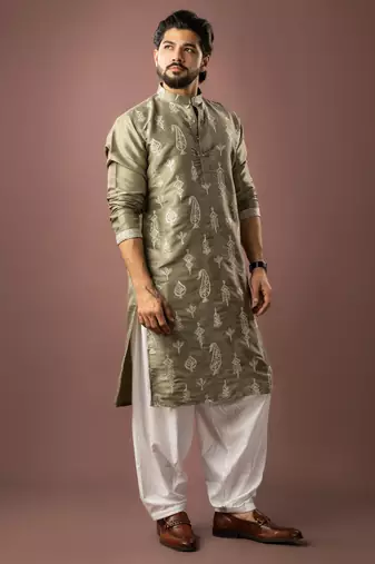 Olive green color smart embroidered kurta for men's ceremonial looks