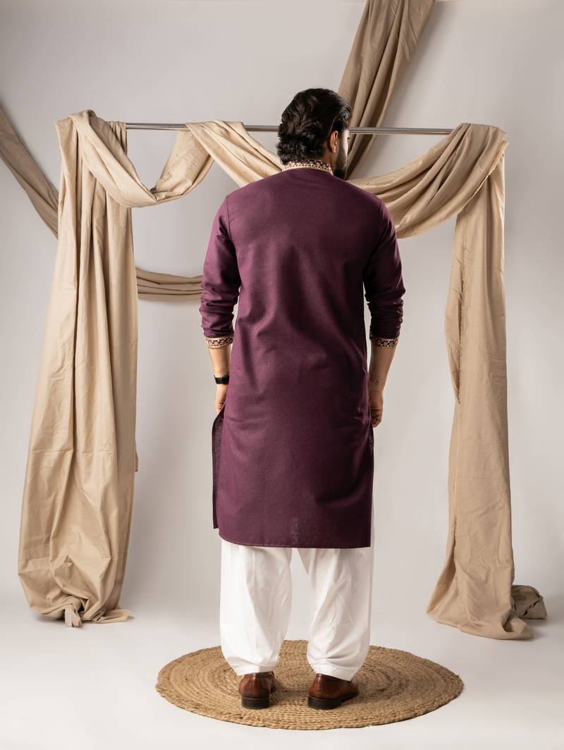 Wine color smart embroidered kurta for rich classy men's looks