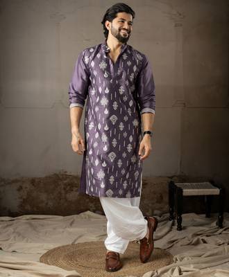 Purple color smart embroidered kurta for men's ceremonial looks 1