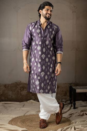 Purple color smart embroidered kurta for men's ceremonial looks