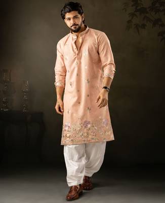 Peach color smart embroidered kurta for rich classy men's looks 1