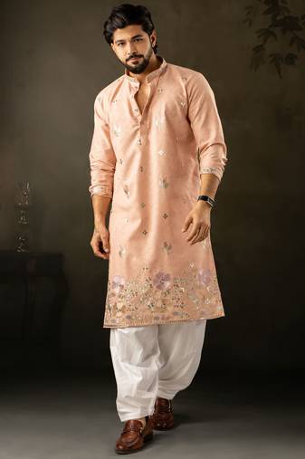 Peach color smart embroidered kurta for rich classy men's looks