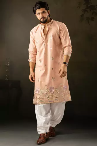 Peach color smart embroidered kurta for rich classy men's looks