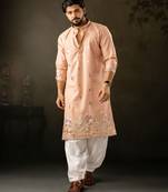 Peach color smart embroidered kurta for rich classy men's looks