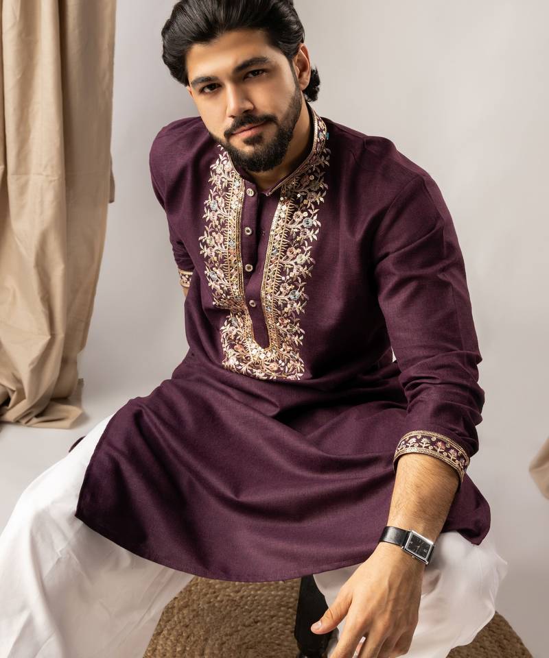 Wine color smart embroidered kurta for rich classy men's looks