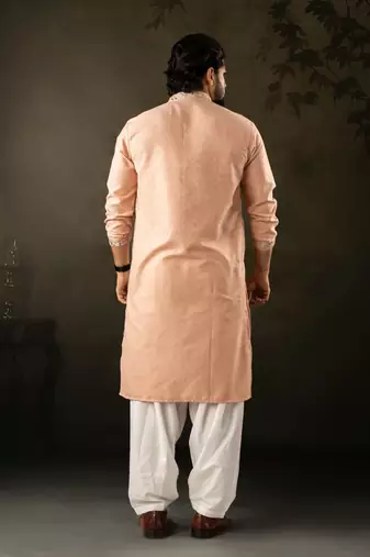 Peach color smart embroidered kurta for rich classy men's looks