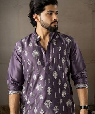 Purple color smart embroidered kurta for men's ceremonial looks 3