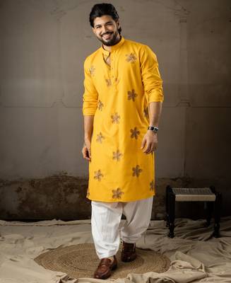 Mustard color linen fabric designer embroidered festive special kurta for men 1