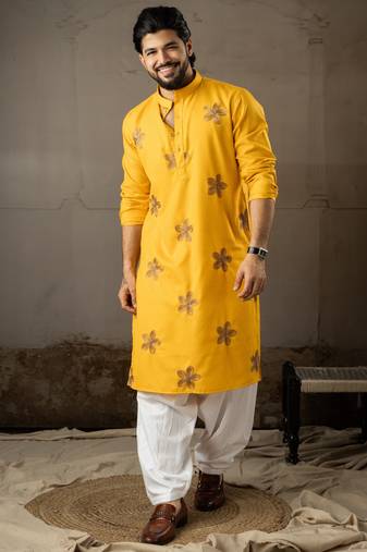 Mustard color linen fabric designer embroidered festive special kurta for men