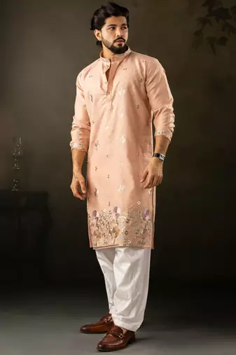 Peach color smart embroidered kurta for rich classy men's looks