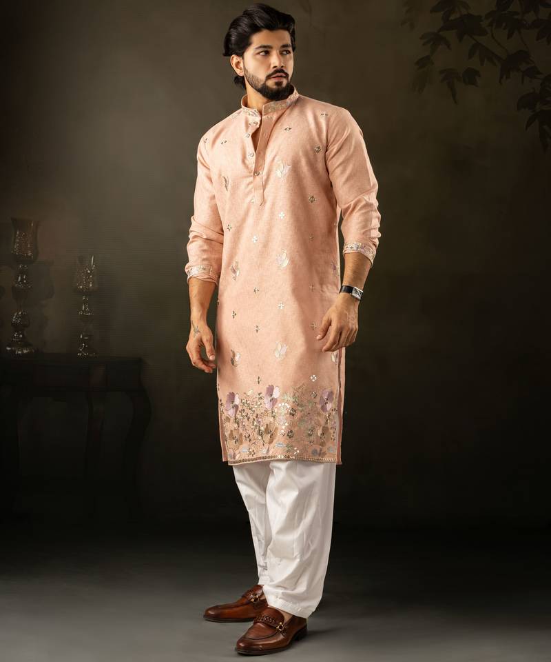 Peach color smart embroidered kurta for rich classy men's looks