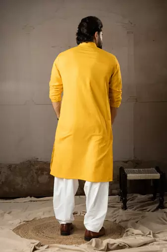 Mustard color linen fabric designer embroidered festive special kurta for men