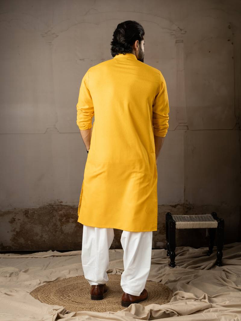 Mustard color linen fabric designer embroidered festive special kurta for men