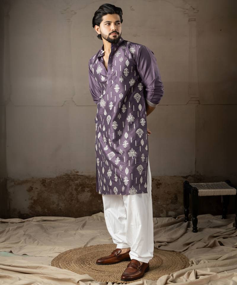 Purple color smart embroidered kurta for men's ceremonial looks