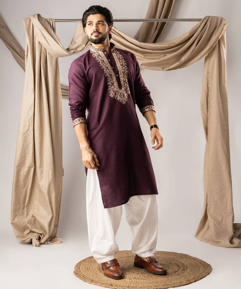 Wine color smart embroidered kurta for rich classy men's looks